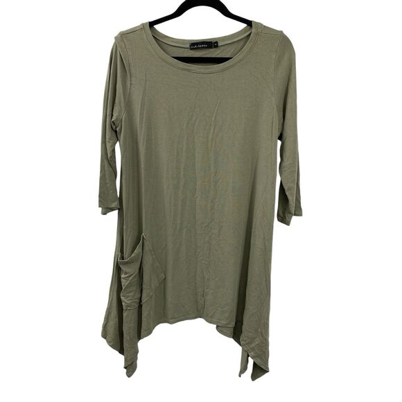 Cut Loose Tunic size Small Fatigue Green Stretch Jersey 3/4 Sleeve Pocket - Picture 1 of 7